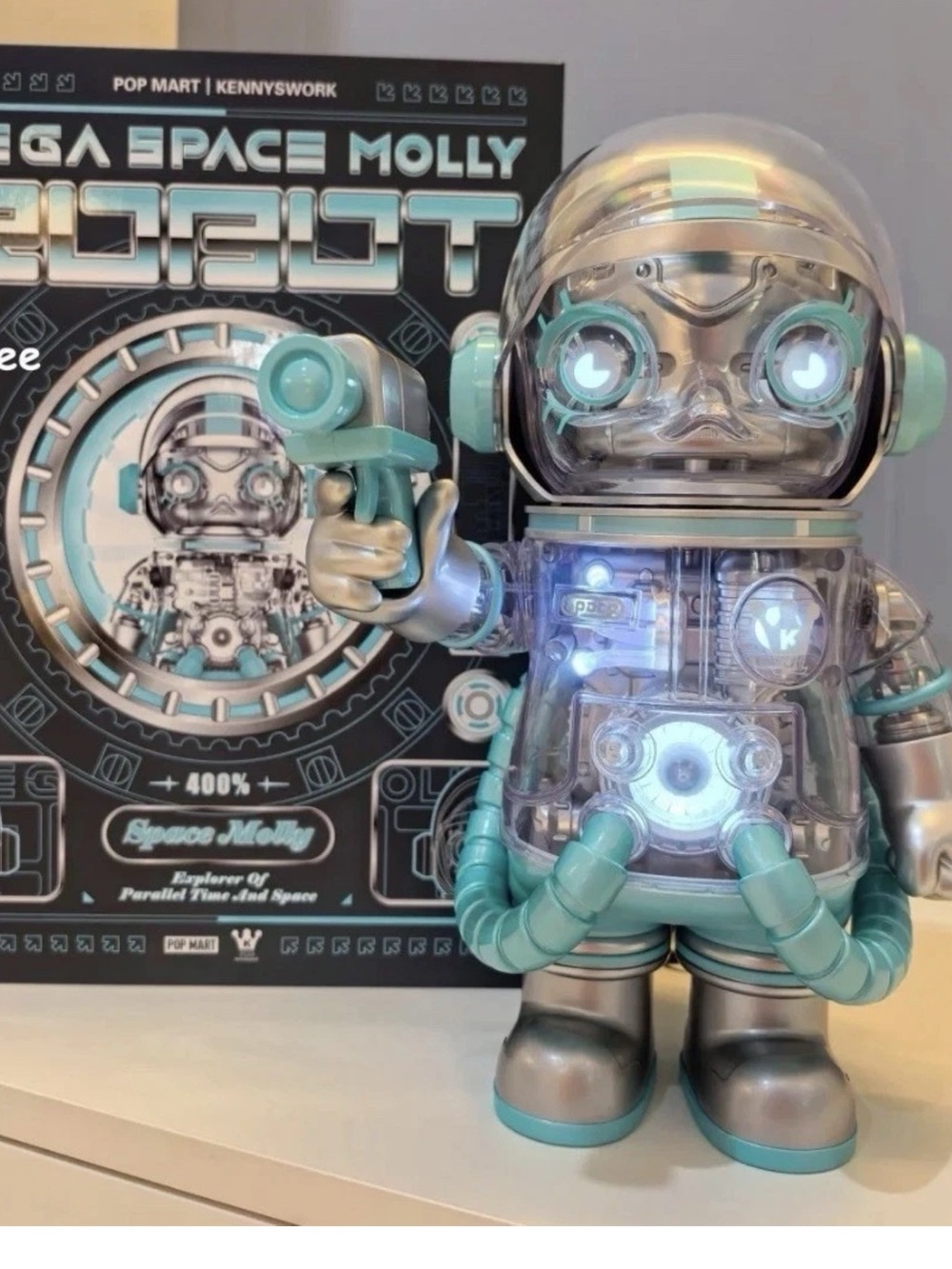 Limited Mega Space Molly Robot Figure - Silver & Teal. Lights up!